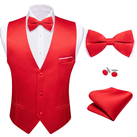 Barry.Wang Men's Red V-Neck Suit Vest & Bowtie Set