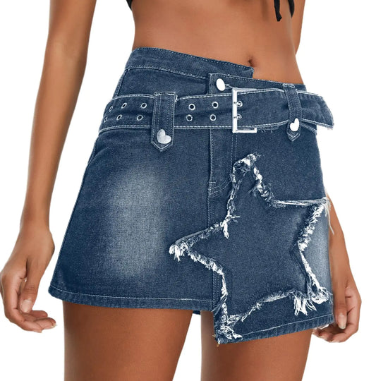 Chic Black Denim A-Line Skirt with Asymmetrical Hem