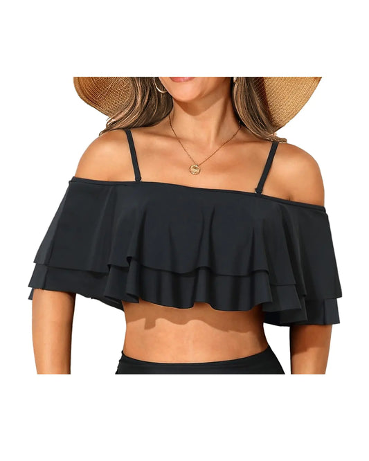 Flounce Black Ruffle Bikini Top