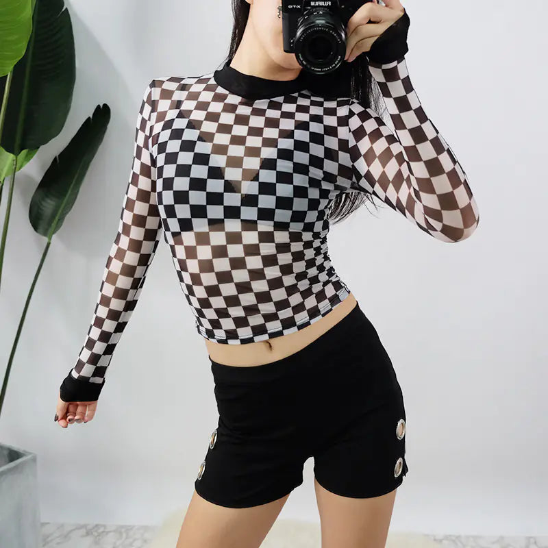 Sheer Checkered Elegance Top