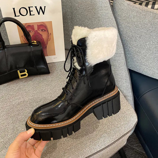 Chic Beige Leather High-Heel Snow Boots