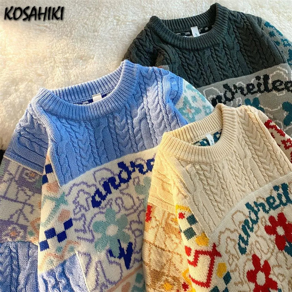 KOSAHIKI Vintage Floral Print Loose Sweater for Women