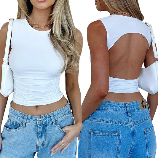 YFANG Womens Backless Ruched Crop Tank Top White Small