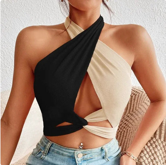 Trendy Sleeveless Block Crop Top
