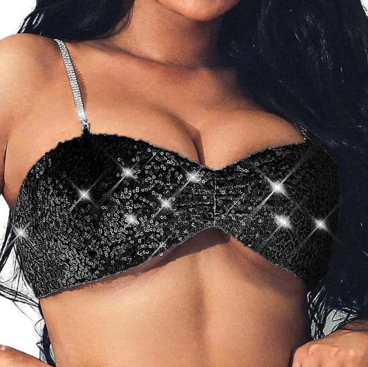 EVILD Glitter Sequin Crop Top with Rhinestone Straps (M Black)