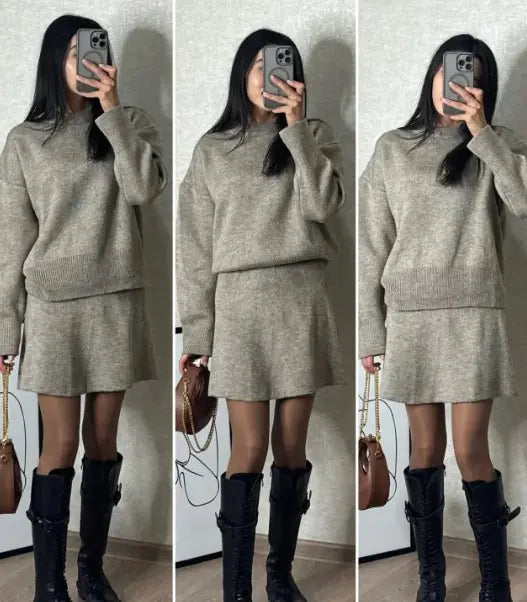 Chic College Knit Skirt Set