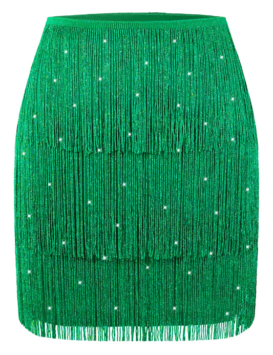 MANER Women's Sparkly Fringe Mini Skirt - Green (Large)