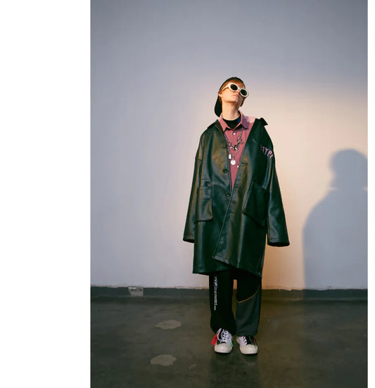 Men's Long Color Block Printed Leather Jacket