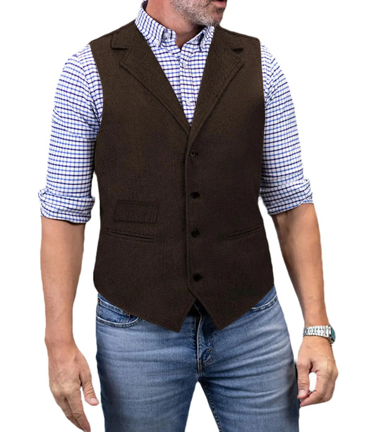 Men's Slim Fit Herringbone Vest - Notch Lapel Waistcoat for Wedding