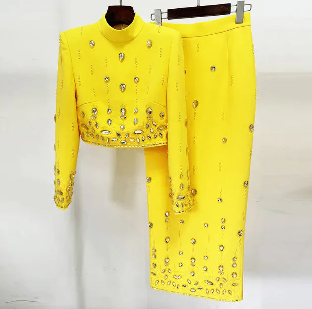 Chic Rhinestone Embellished Skirt Set