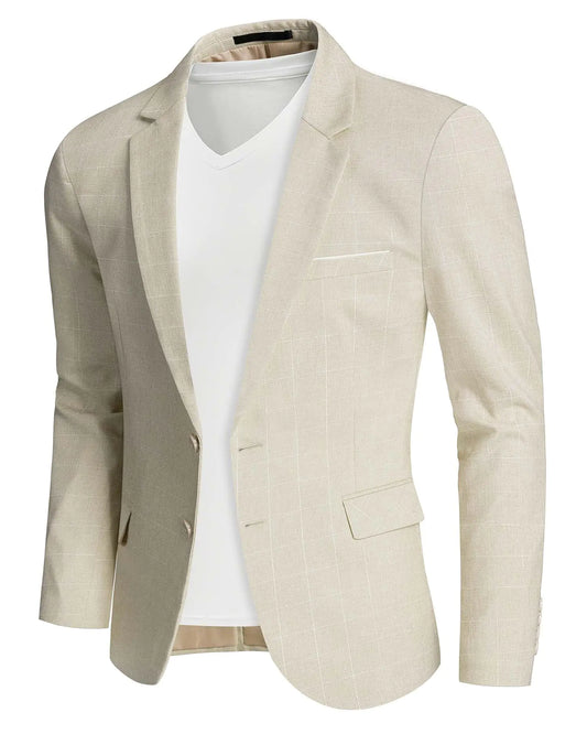 MrSure Men's Lightweight Linen Blazer - Beige White Plaid