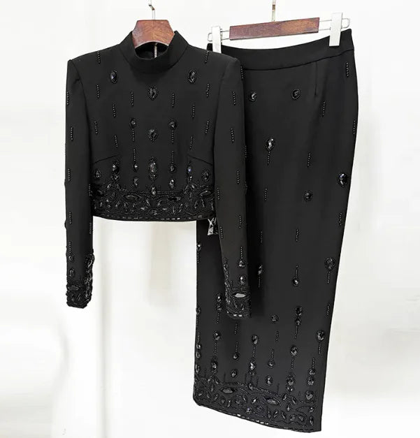 Chic Rhinestone Embellished Skirt Set