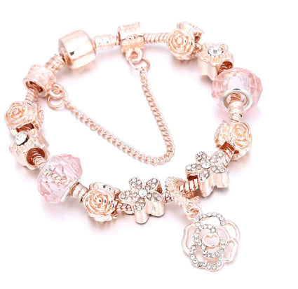 Rose Pendant Gold Beaded Bracelet
