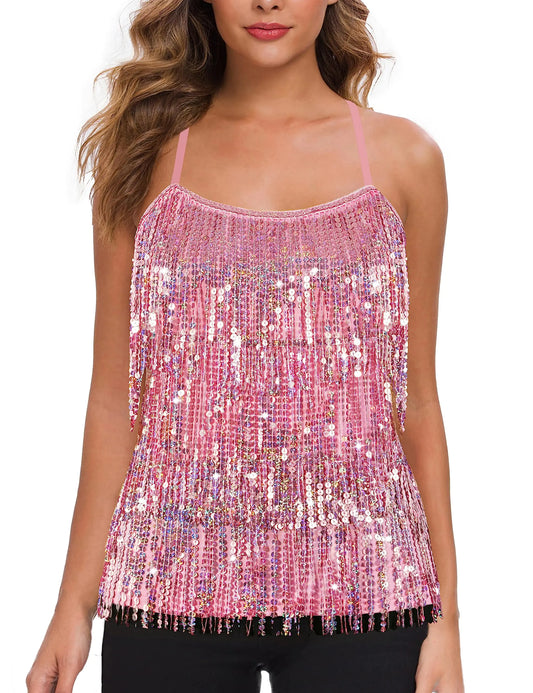MANER Ladies' Sequin Tassel Cami Sparkle Party Top (X-Small Pink)