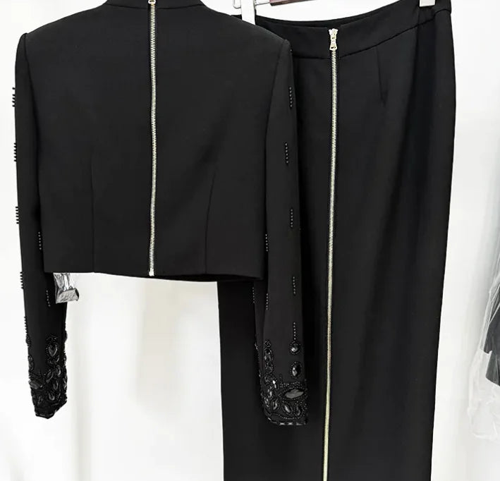 Chic Rhinestone Embellished Skirt Set