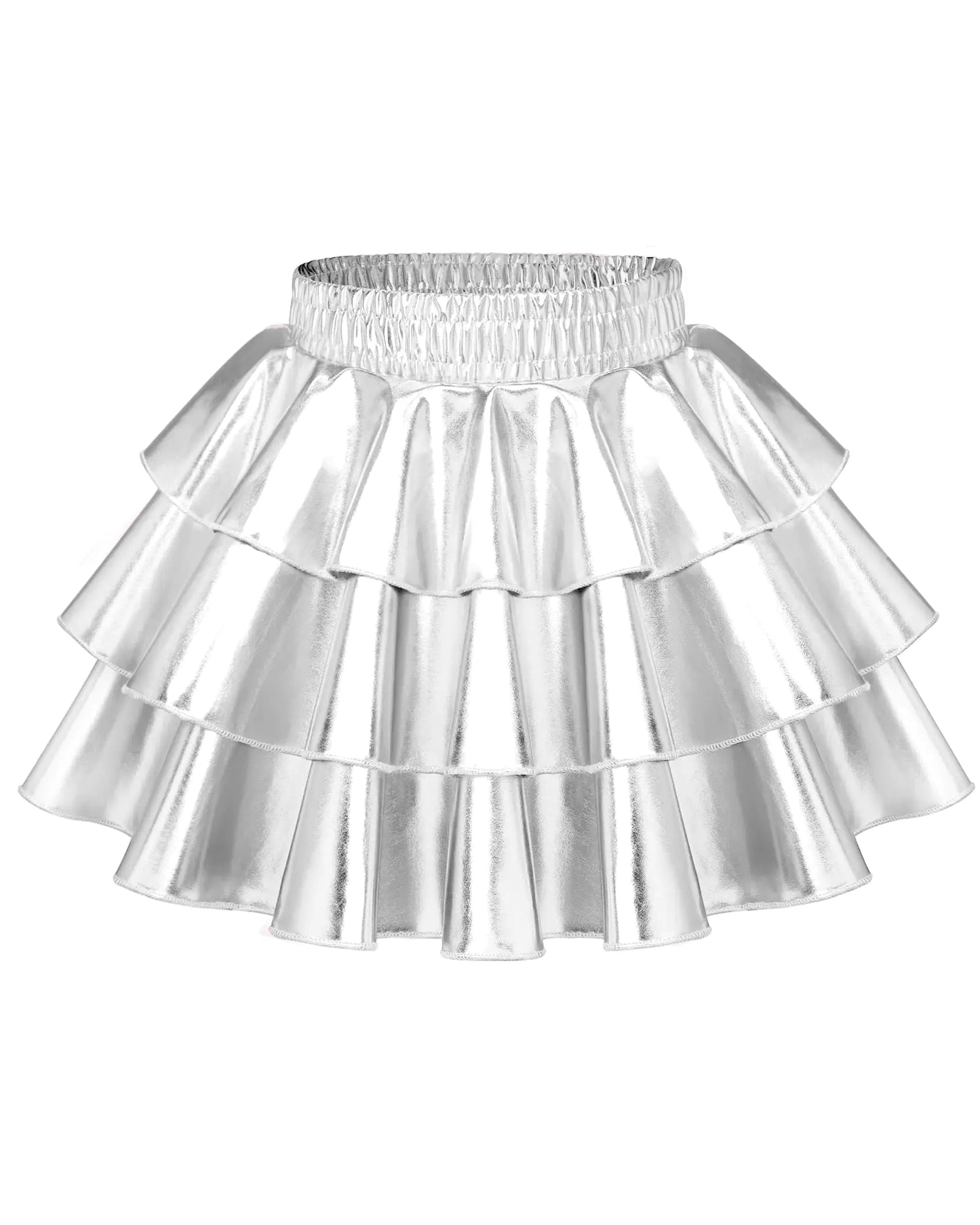 Shiny Metallic 3-Tier Girls Skirt - Sparkle Ruffle Skort Silver