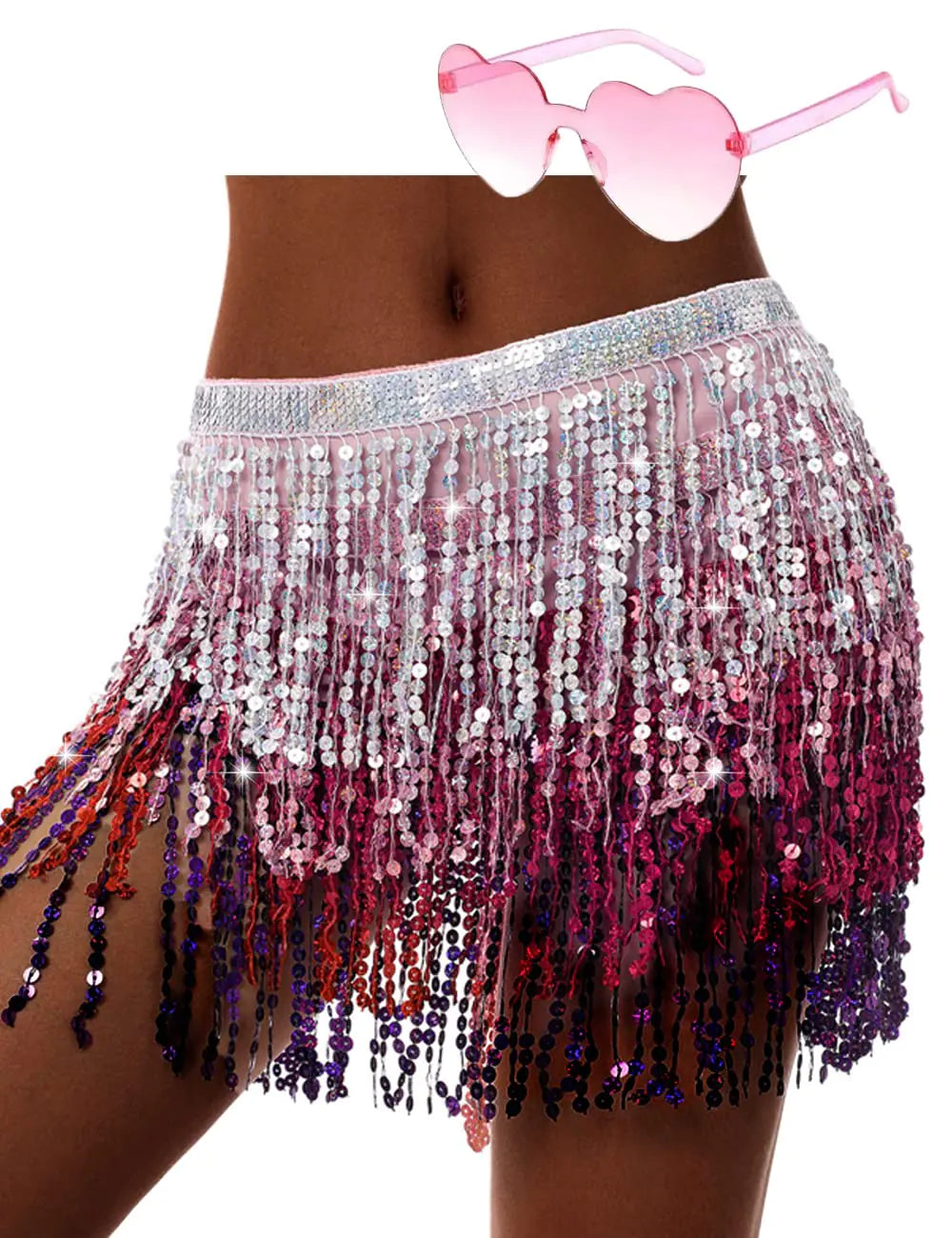 Pink Gradient Sequin Dance Skirt & Heart Sunglasses Set