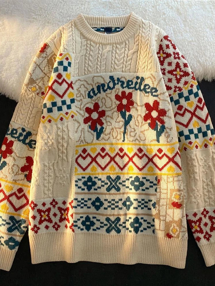 KOSAHIKI Vintage Floral Print Loose Sweater for Women
