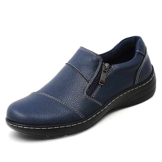 QHH Loafers for Women Womens Loafers & Slip-Ons Zipper Leather Non-Slip Lightweight Walking Flats Business Casual Shoes Orthopedic Shoes Comfortable Dress Shoes Office Work Shoes Navy US 6.5