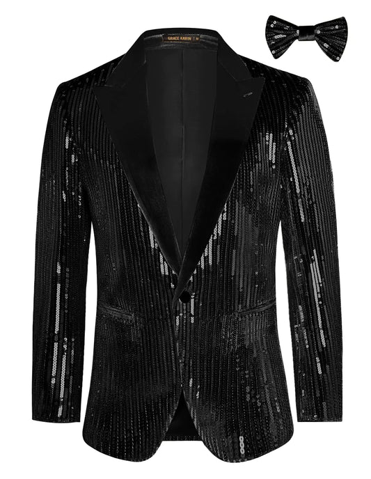 GRACE KARIN Men's Sparkle Sequin Tuxedo Blazer Slim Fit Single Button for Events Black Small