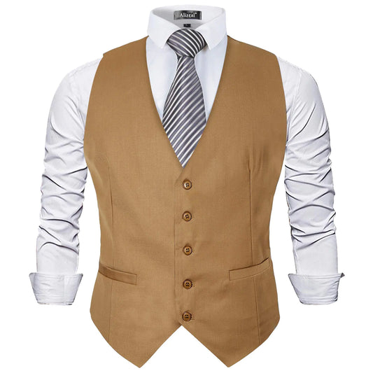 Alizeal Men's Classic Khaki Waistcoat - 5 Button V-Neck