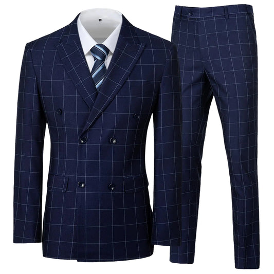 Men's Slim Fit Blue Plaid Tuxedo Set