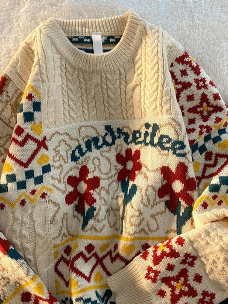 KOSAHIKI Vintage Floral Print Loose Sweater for Women