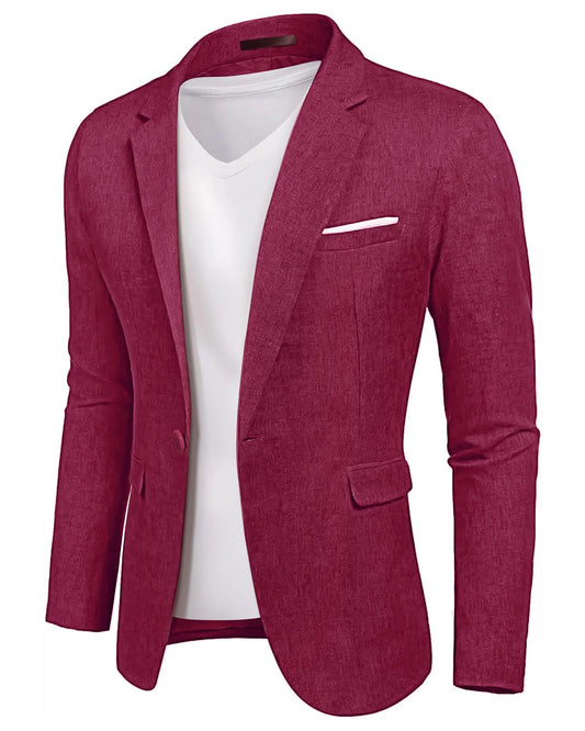 YND Men's Slim Linen Blazer in Burgundy