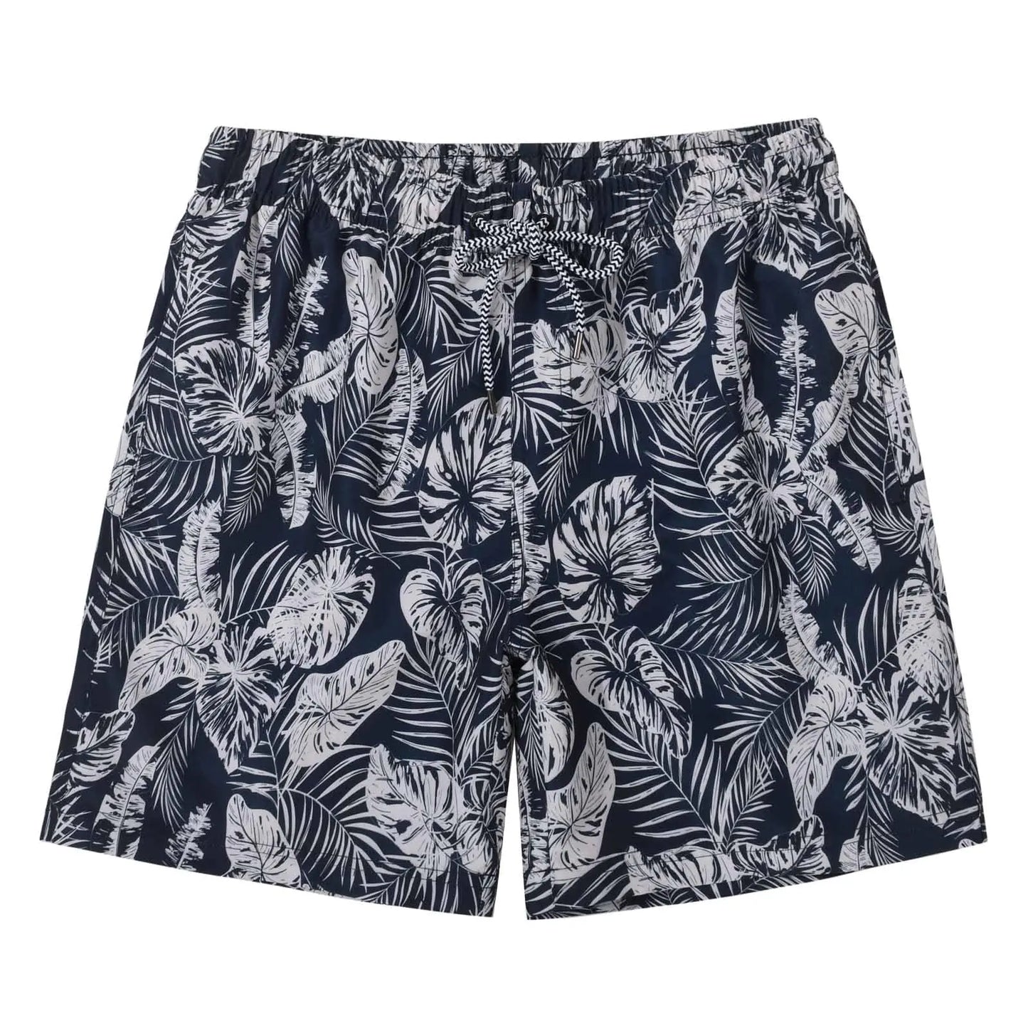 MADHERO Men's Quick-Dry Floral Swim Trunks with Mesh Lining - Navy Leaves
