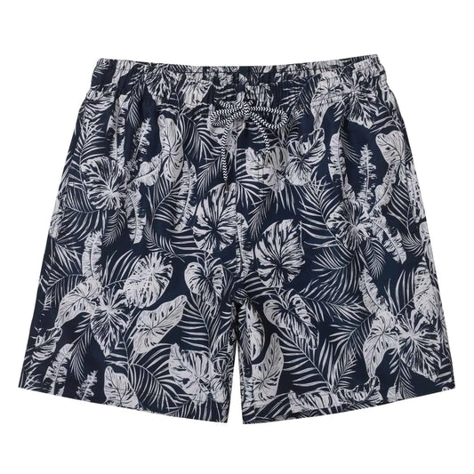 MADHERO Men's Quick-Dry Floral Swim Trunks with Mesh Lining - Navy Leaves
