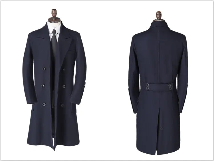 Men's Wool Blend Double Breasted Long Coat (British Style)