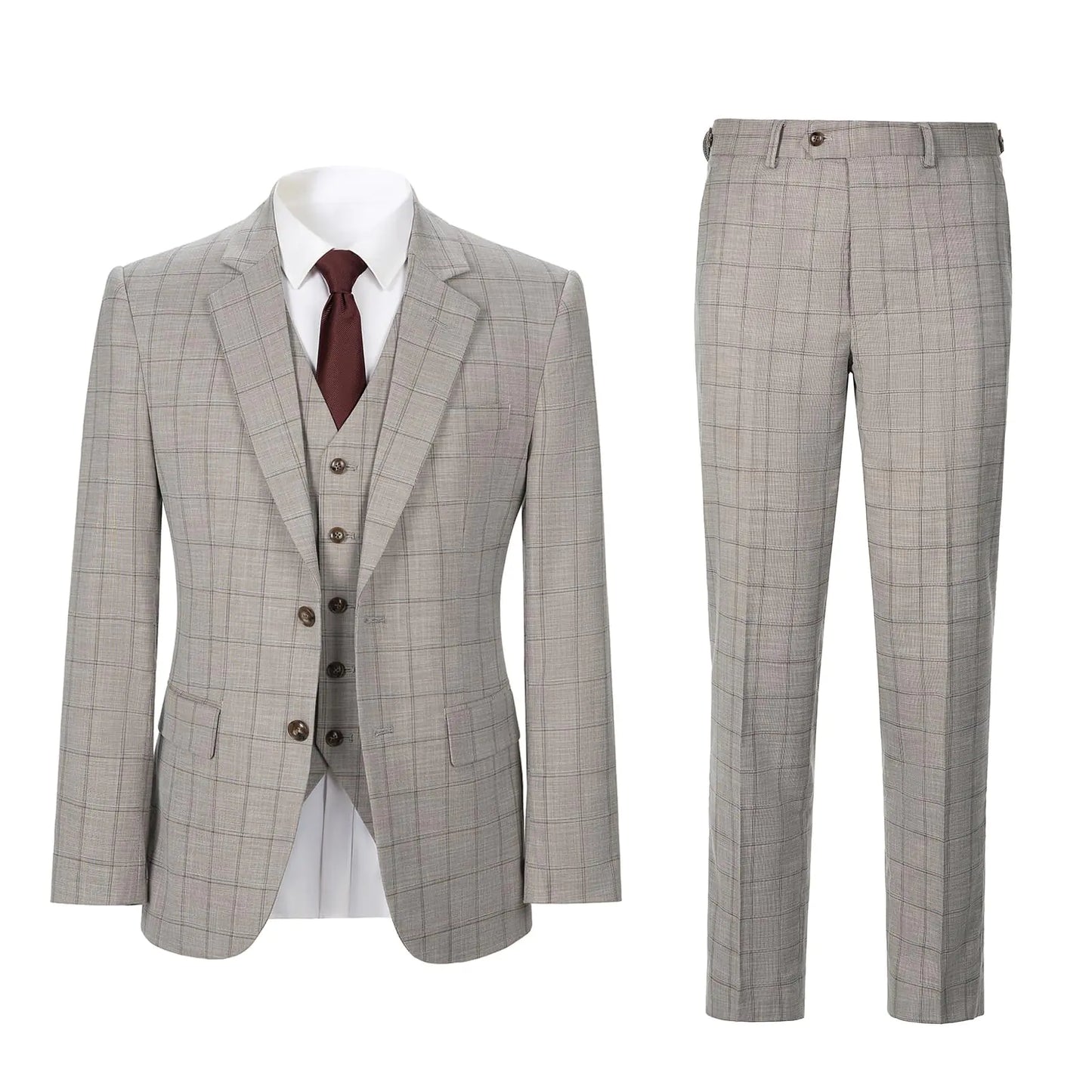 Men's Slim Fit Plaid 3-Piece Wedding Suit Set XL