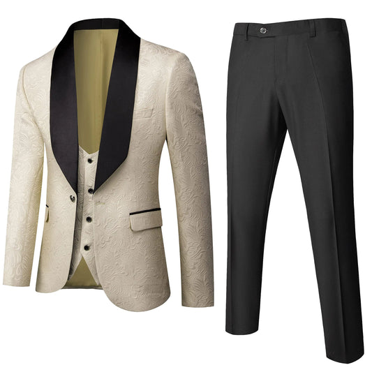 UNINUKOO Men's Cream Floral Jacquard 3-Piece Tuxedo