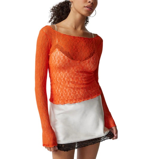 Chic Floral Lace Cropped Top - Women's Mesh Long Sleeve
