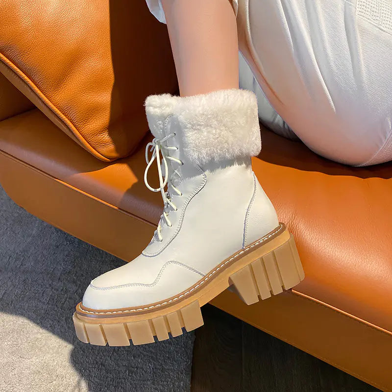 Chic Beige Leather High-Heel Snow Boots