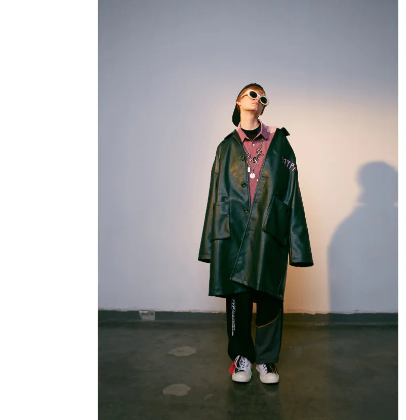 Men's Long Color Block Printed Leather Jacket
