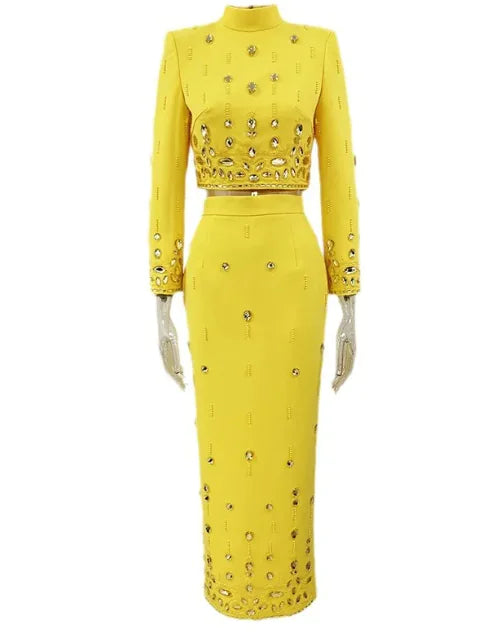 Chic Rhinestone Embellished Skirt Set