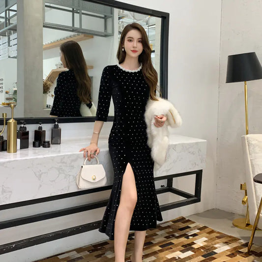 Elegant Women's Beaded Sleeve Floor-Length Dress