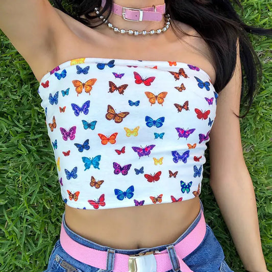 Chic One-Shoulder Butterfly Crop Tee