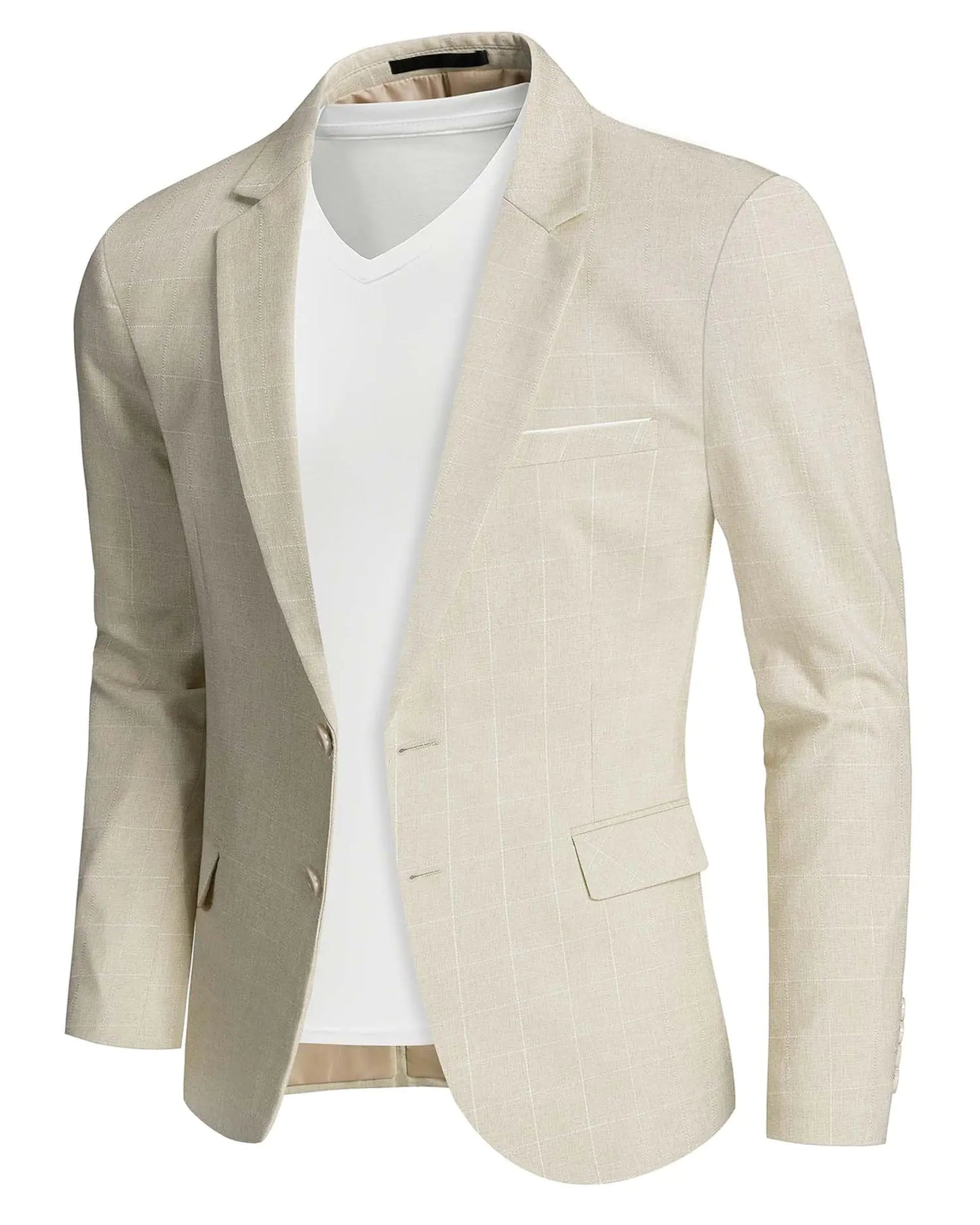 MrSure Men's Lightweight Linen Blazer - Beige White Plaid