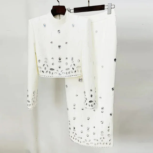 Chic Rhinestone Embellished Skirt Set