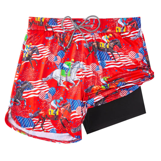 Men's USA Flag Horse Racing Swim Trunks with Compression