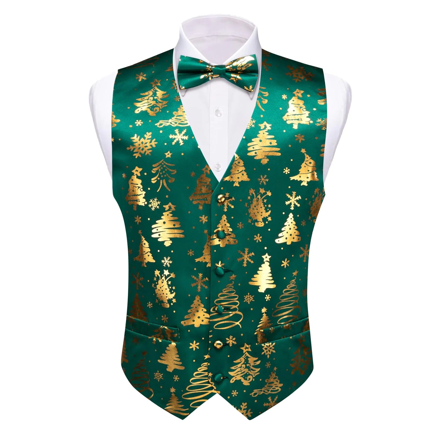 Barry.Wang Men's Festive Green & Gold Christmas Vest Set with Bow Tie