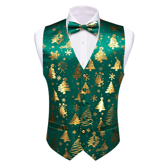 Barry.Wang Men's Festive Green & Gold Christmas Vest Set with Bow Tie