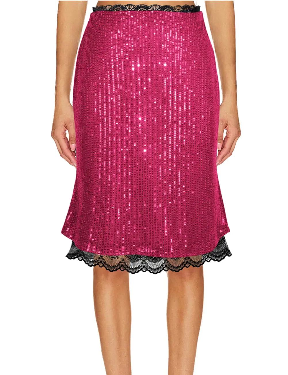 SEBOWEL Glitter Lace Bodycon Midi Skirt