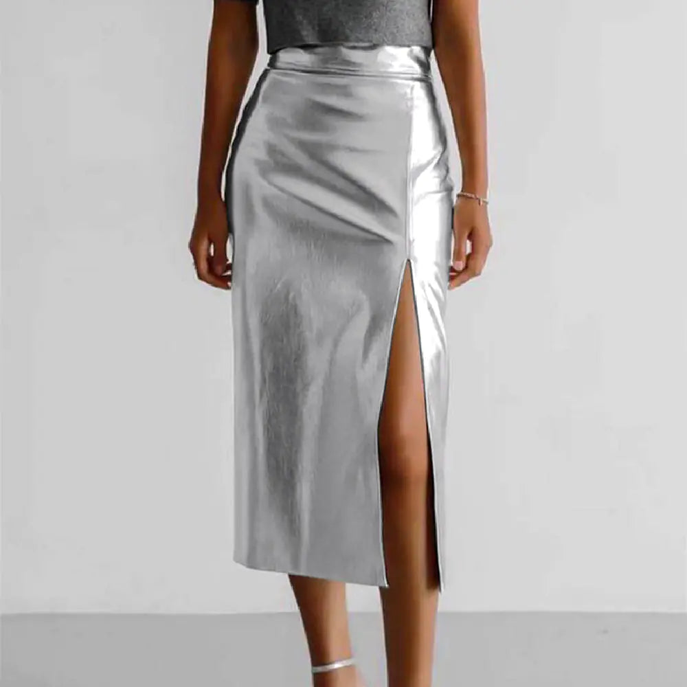 Chic Silver High-Waist Leather Skirt