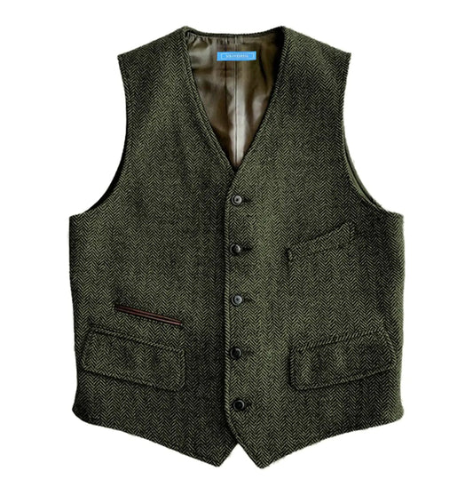 Classic Herringbone Vest in Wool Blend - Army Green